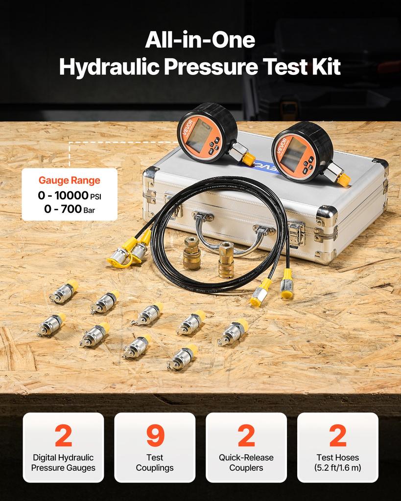 VEVOR Digital Hydraulic Pressure Test Coupling Kit, 700 Bar Pressure Gauge Manometer Tester with 2 Gauges, 9 Test Couplings, 2 Quick-Release Couplers