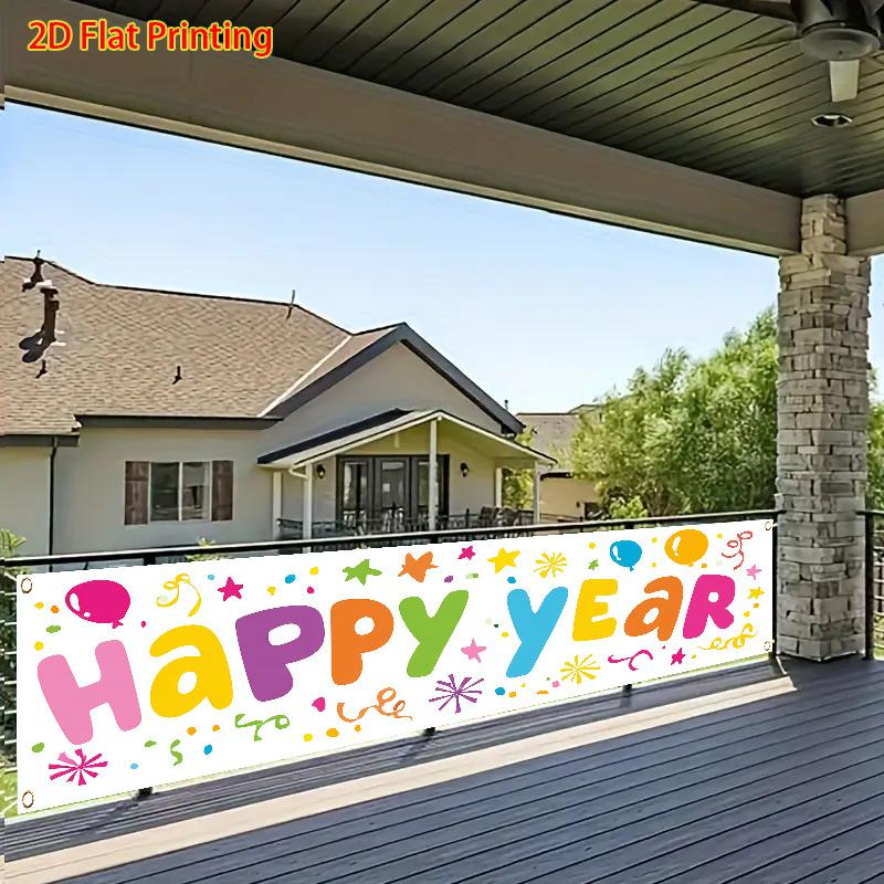 Happy New Year Fence Banner, Colorful Balloon & Ribbon Pattern, Polyester Outdoor Lawn Wall Festival Decoration