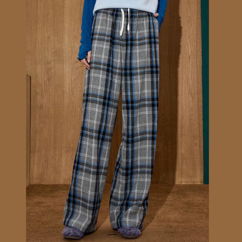 COOLHUT Women's Brushed Plaid High-Waist Straight-Leg Pants
