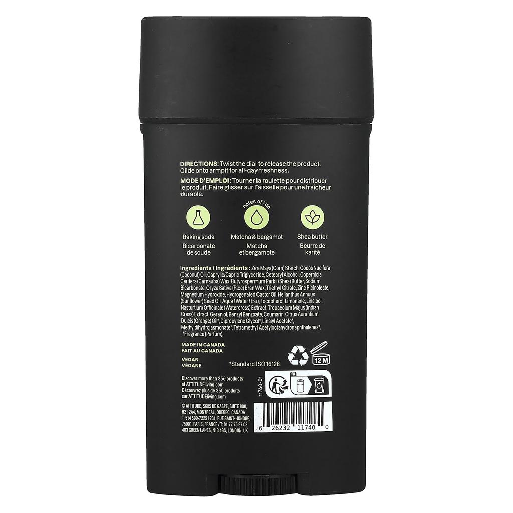 ATTITUDE Super Leaves™, Aluminum-Free Deodorant, Men, Matcha & Bergamot, 75g (2.64oz)