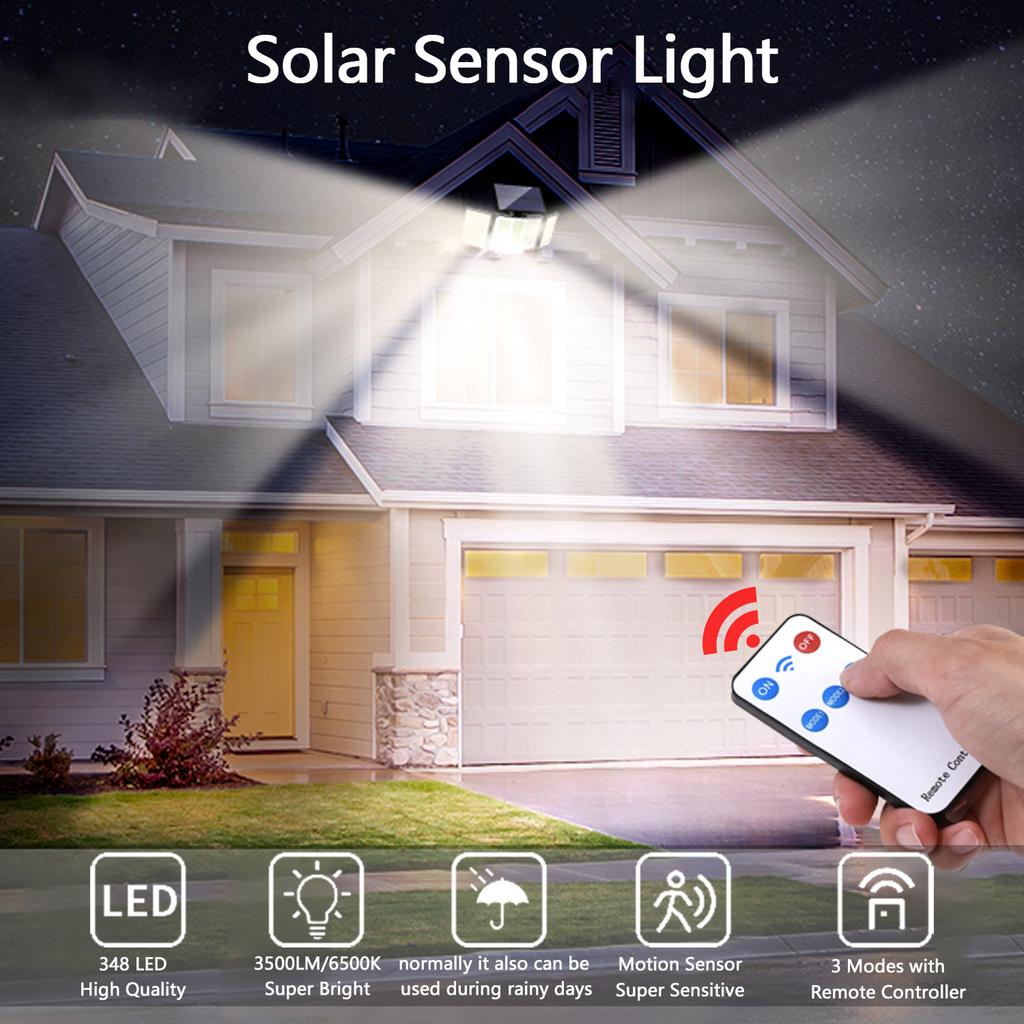 Solar Outdoor Lights 3500LM 348 LED Security Lights with Remote Control IP65 Waterproof 3 Heads Motion Sensor Lights Solar Light