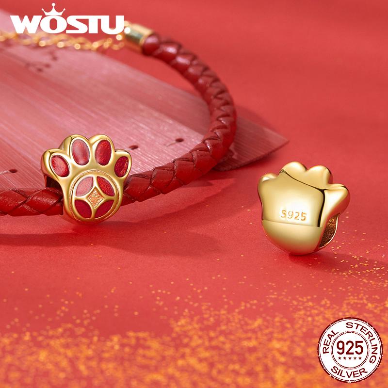 WOSTU 925 Silver New Year Gift Lucky Red KOI Charm Lucky Bag Pendant Pawprint Beads Fit Fortune Red Rope Bracelet DIY Jewelry