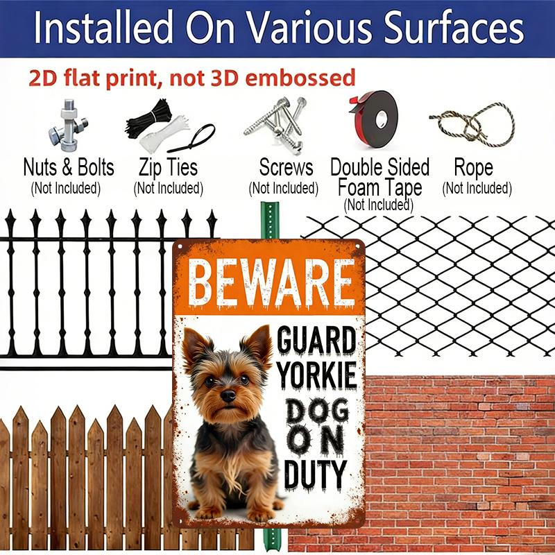 2D Flat, Yorkshire Terrier Warning Metal Sign, Decorative Aluminum Sign and Plaque, 8x12 Inches - Rustic "Beware of Guarding Yorkie" Wall Art