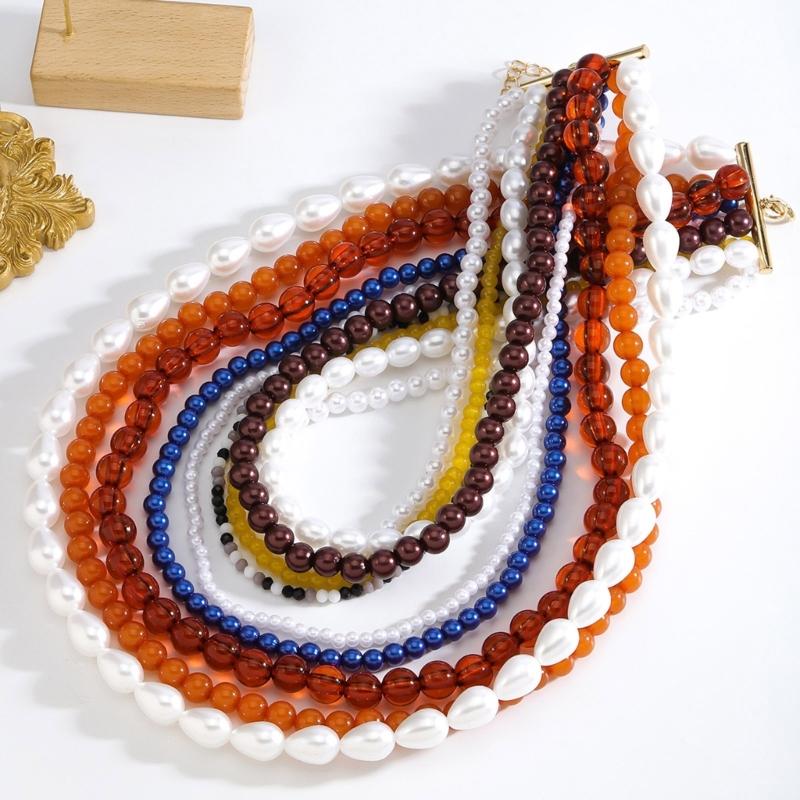 User Friendly Layering Beaded Necklace Colorful Imitation Pearls Neckchain Stylish Accessory For Casual Event
