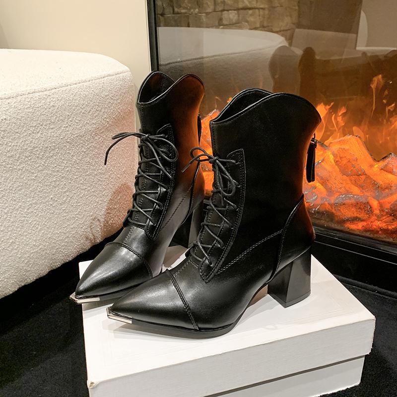Autumn Winter Women Boots Fashion Square High Heel Shoes Elegant Lace Up White Ankle Boots Black Party Office Shoes Woman 34-43