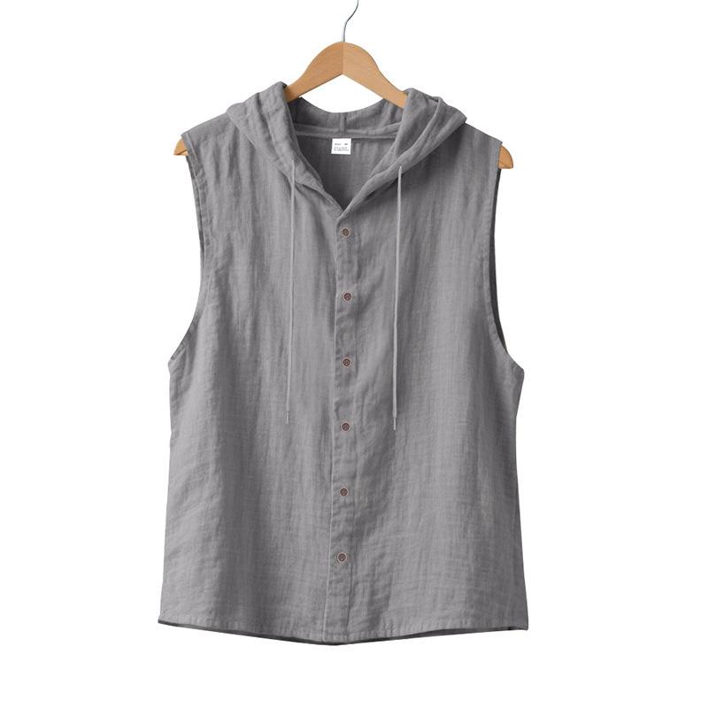 2025 Summer Mens Sleeveless Shirt New Men Loose Casual Linen Hooded Shirt Male Thin Waistcoat Male Trendy Casual Shirt