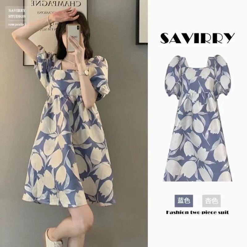 Women's Summer New Fashion Medium and Long High-end Printed Bubble Sleeves Small Versatile Dress