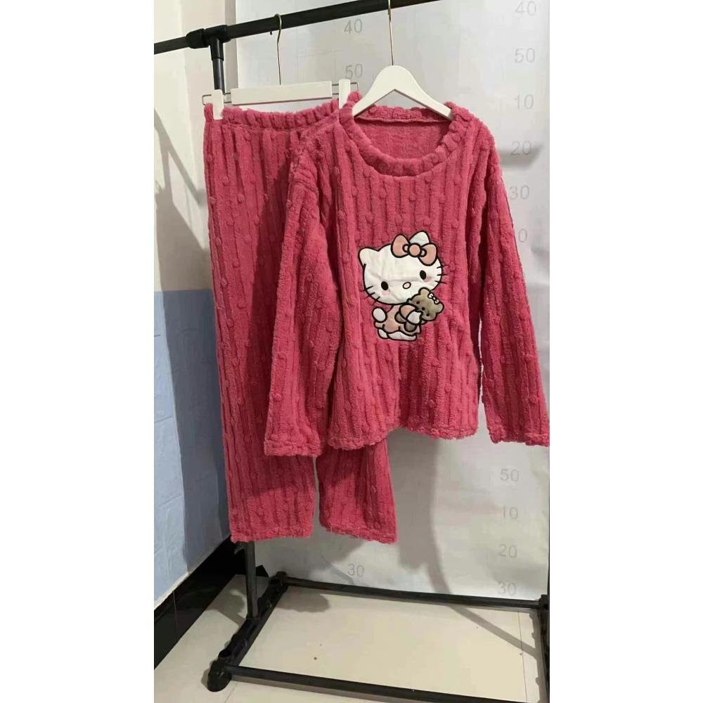 **Kadın Flanel Pijama Takımı Yuvarlak Yaka Jakarlı Uzun Peluş Kalın Sıcak Ev Giyimi**
