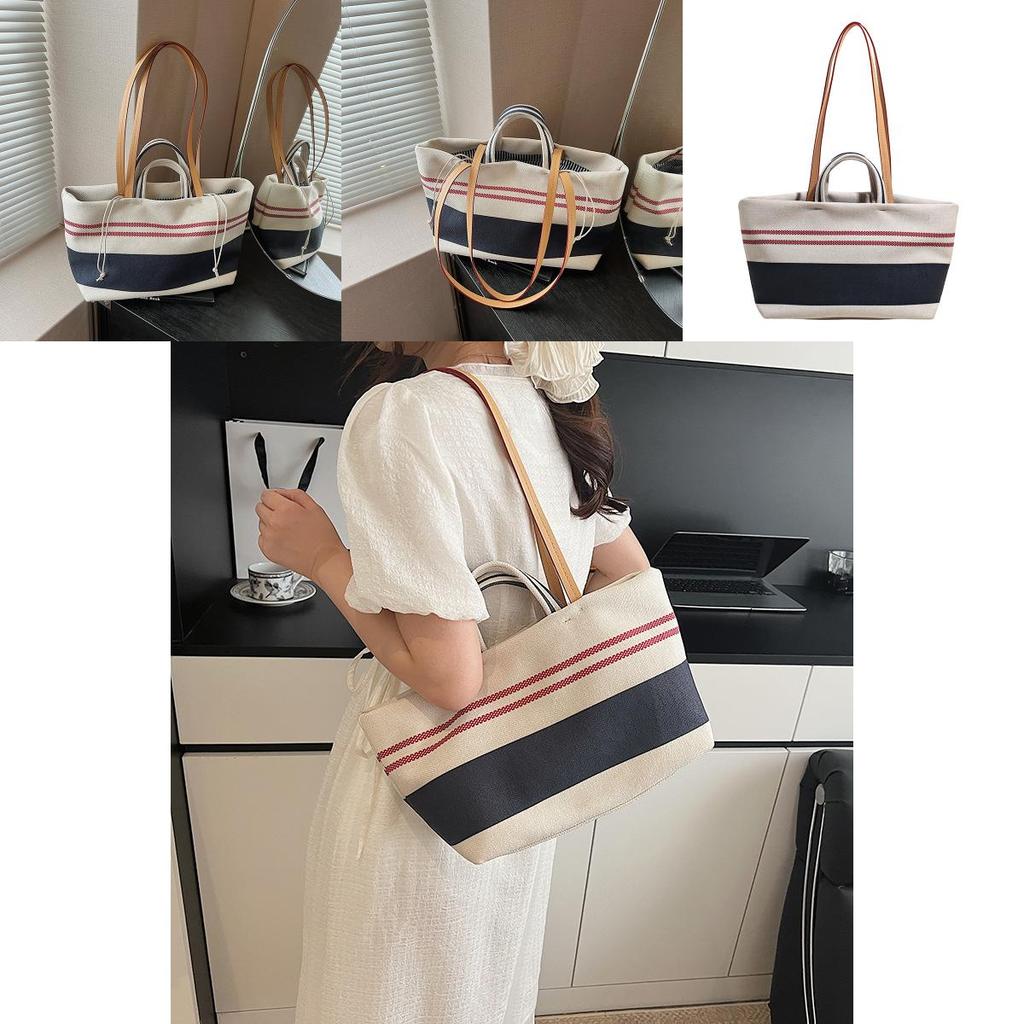Canvas Bag With Contrast Stripes For Casual Daily Use Women Summer Fashion