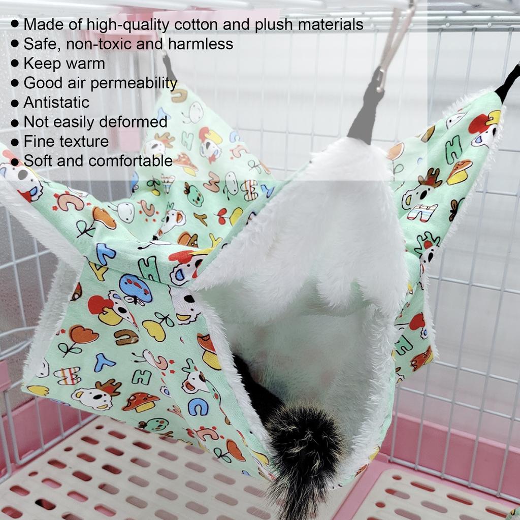 Small Animals Hanging Hammock Warm Plush Bunkbed Pet Cage Hammock For Hamster Ferret Chinchilla Guinea Pig Cartoon Green