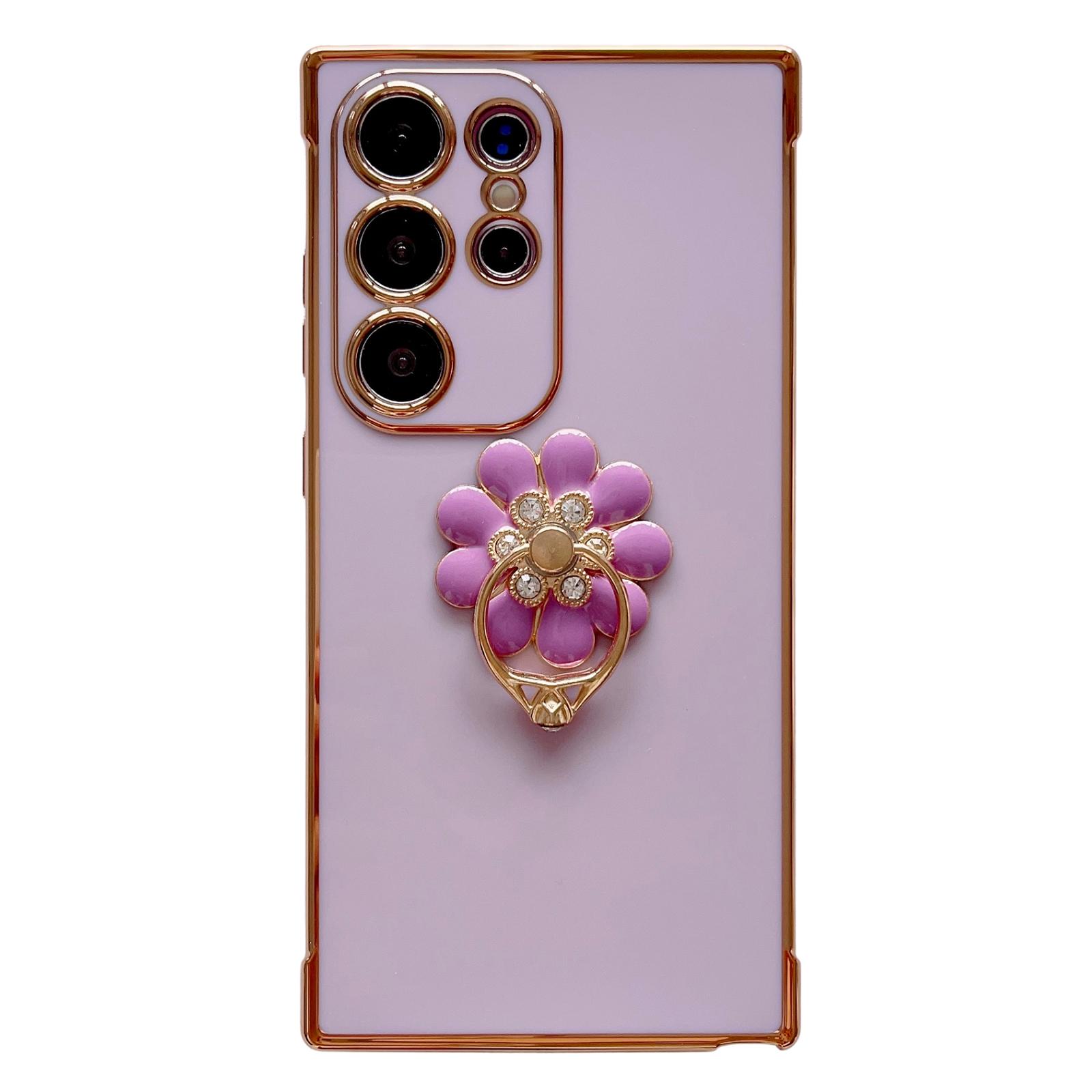 

For Samsung Galaxy S25 Ultra Case with Ring Kickstand Rose Flower Electroplated TPU Phone Cover Purple