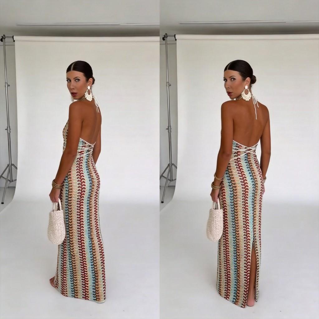 Polyester Wavy Jacquard Pattern V Neck Backless Dress For Summer Party Wear