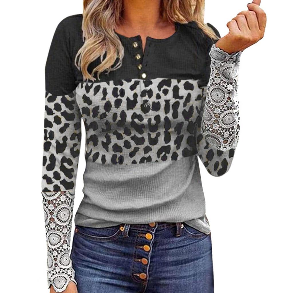 Women Fashion Patchwork Printing Lace Long Sleeve Casual Button Pullover Sweatshirt Top