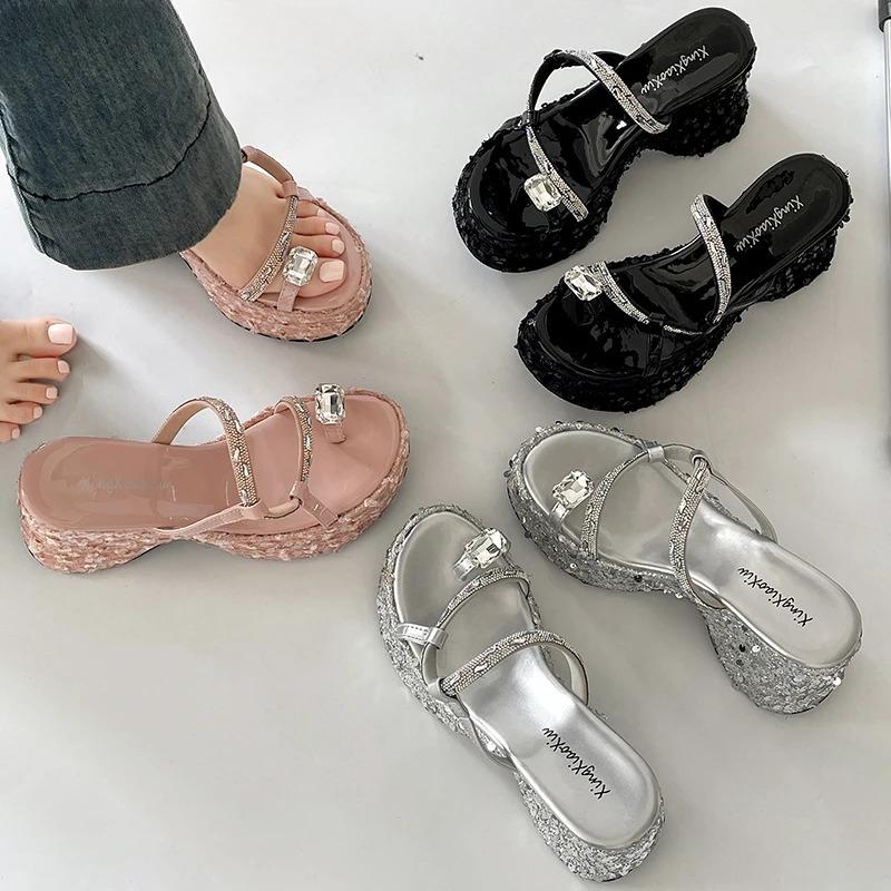 Summer Platform Thick Bottom Women Slippers Elegant Crystal Narrow Band Shoes Ladies Concise Wedges Heel Slides
