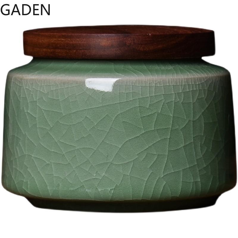 Chinese Style Wooden Lid Ceramic Tea Caddy Storage Tank, Sealed Pot, Retro Tea Box, Desktop Decoration Accessories