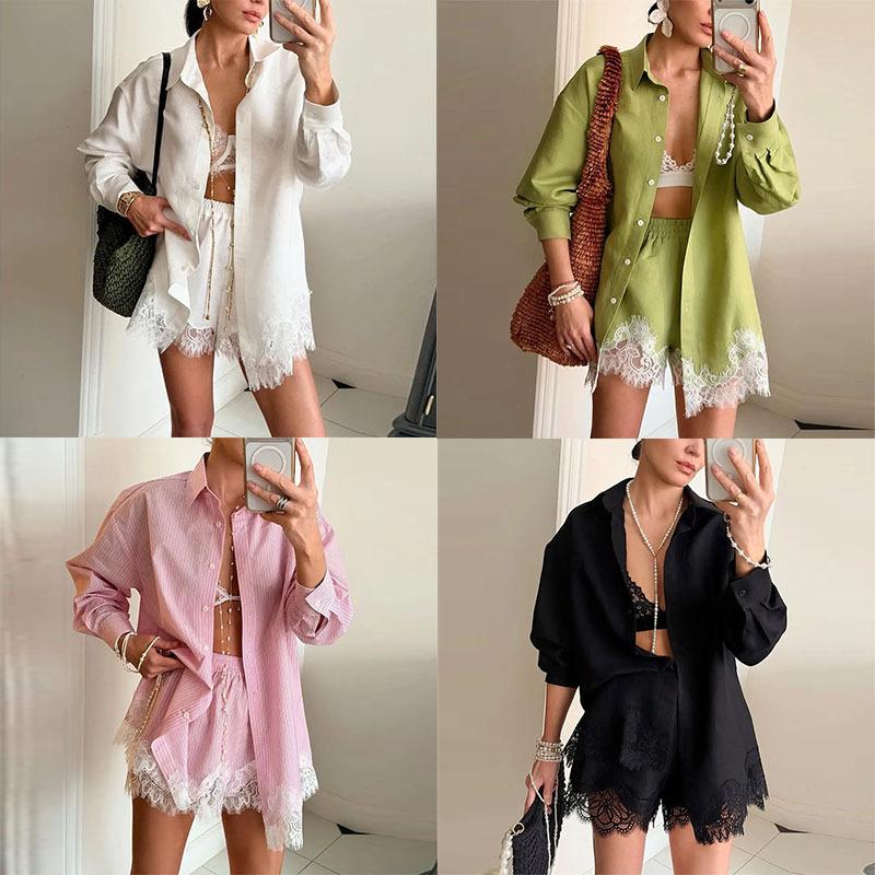 Spring European Style Women Clothing Fashion Casual Solid Color Block Shorts Set