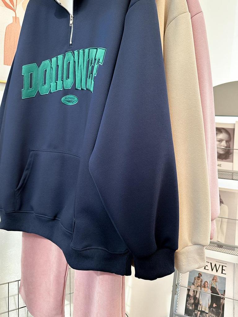 Women's Pink Retro Half-Zip Sweatshirt - Spring Thin, Oversized Streetwear with Stand-Up Collar