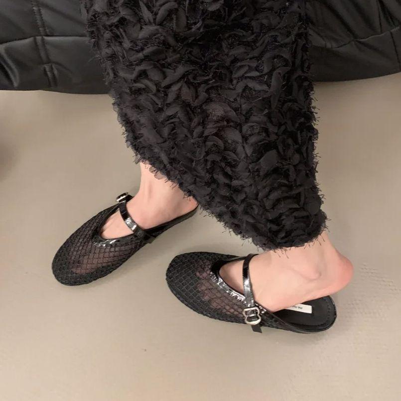 Fashion Bailamos Fashionable Mesh Women's Slipper Ballet Mary Jane Shoes Summer Walking Shoes Round Toe Buckle Flats Mujer