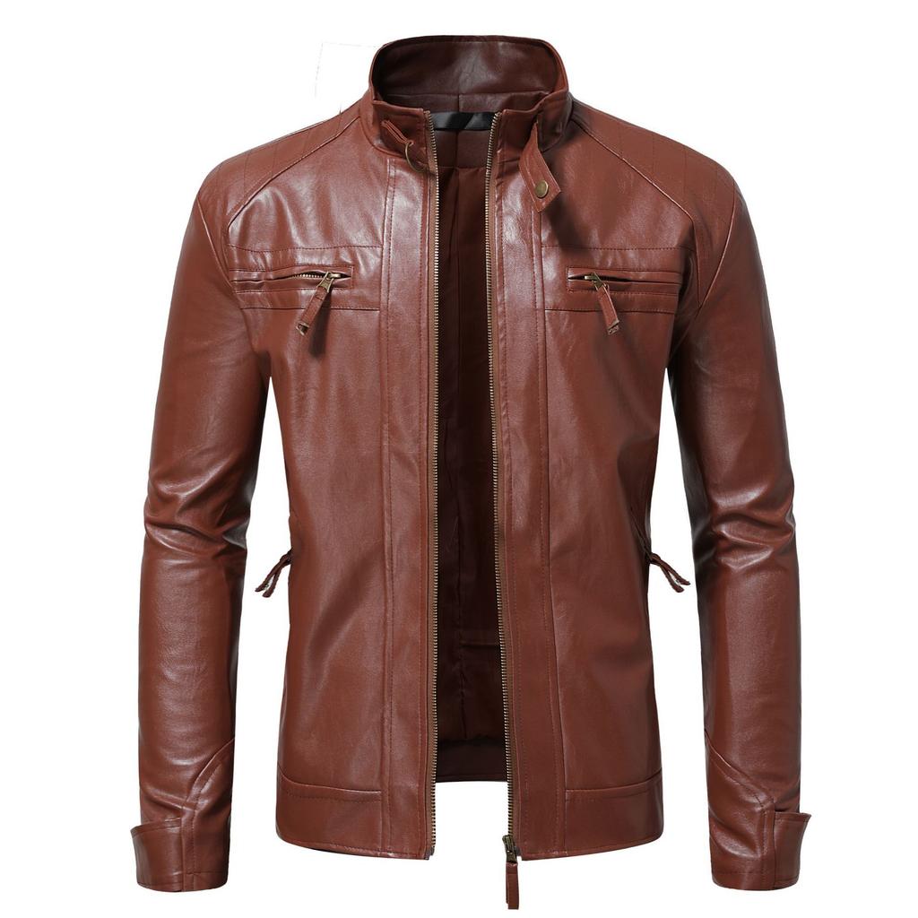 New autumn and winter European and American fashion men's leather jacket stand-up collar double zipper locomotive leather jacket PY