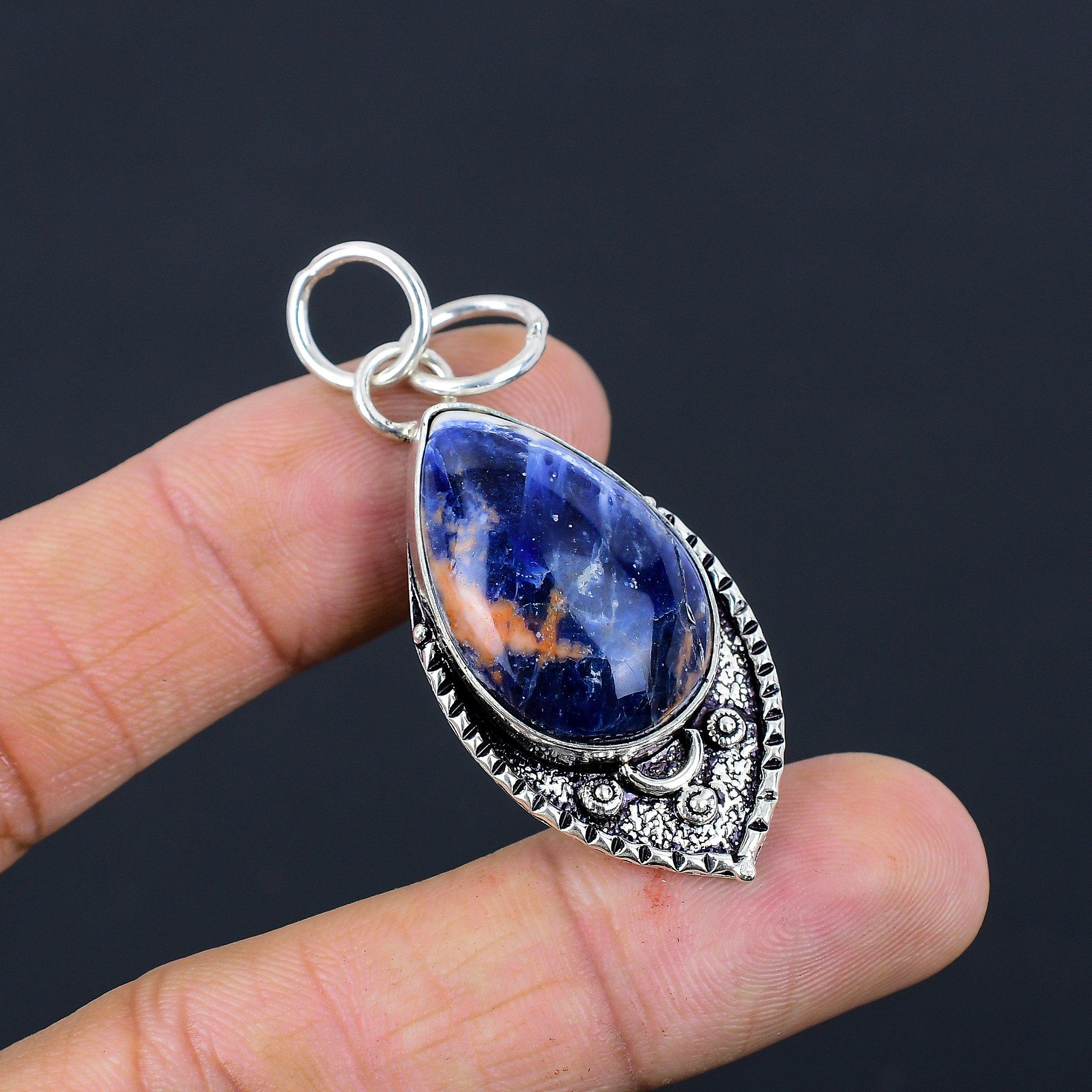 Sodalite Gemstone Third Eye Chakra Engagement Bezel Boho Pendant Sterling Silver