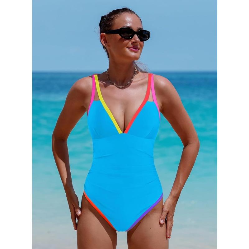 Women S Deep V Neck Sleeveless One Piece Swimsuit With Tie Side Solid Color Contrast Binding