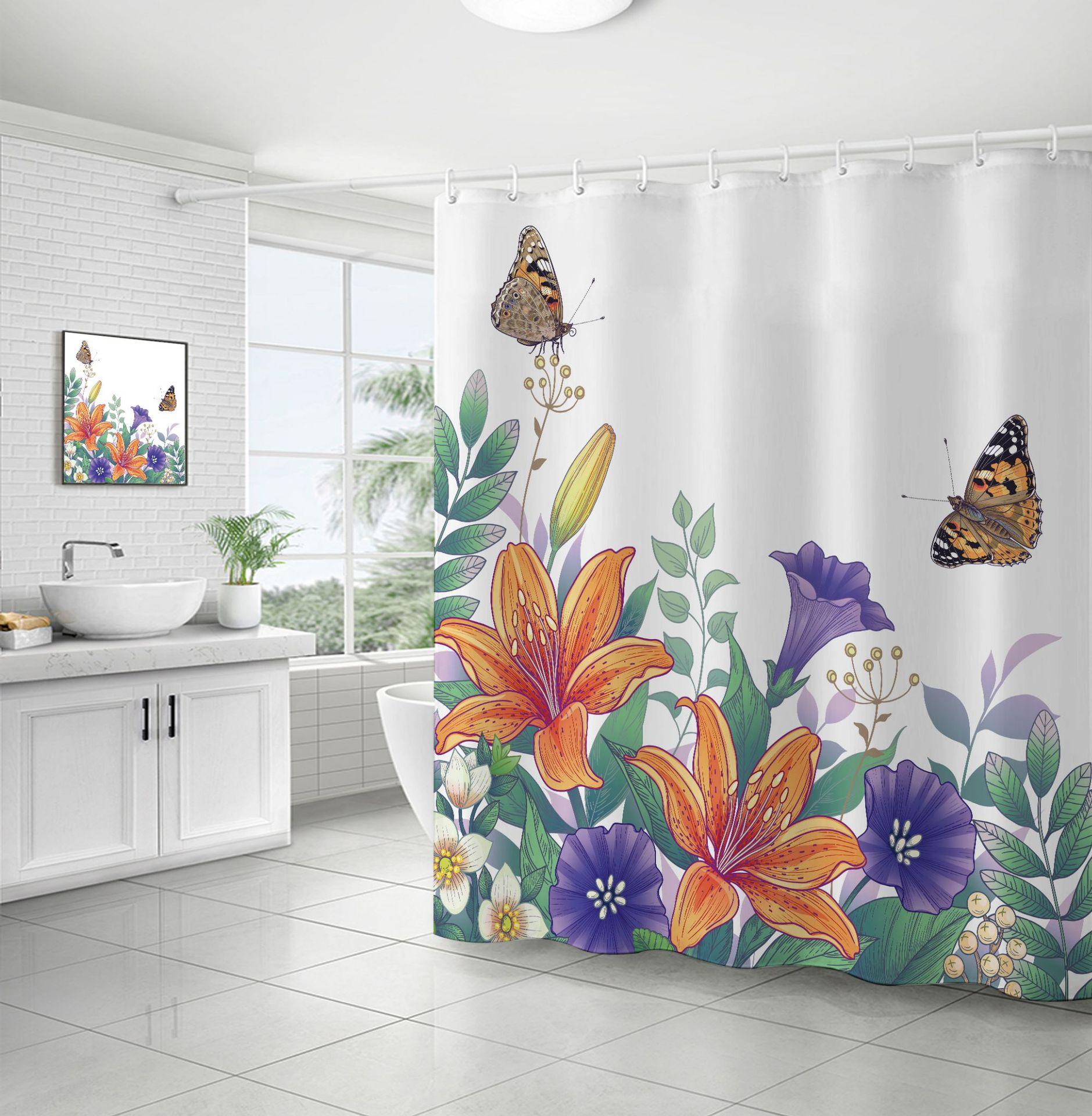 

Занавеска для душа с цветочным рисунком 180 x 180 см. Занавеска для ванной с растениями. Водонепроницаемая занавеска для ванной из полиэфирной ткани с 12 крючками. Фиолетовая занавеска для душа в стиле бохо. 002