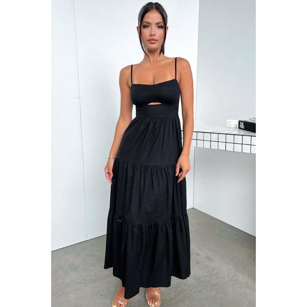 New Women's Elegant Solid Color Low-cut V-neck Suspender High Waist Flowy Maxi Long Dress For Party Evening Casual