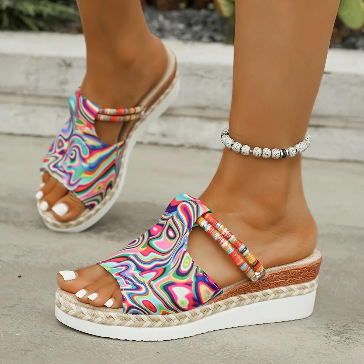 

Fashion Rainbow Graffiti Wedge Heels Sandals for Women Summer 2025 Peep Toe Platform Sandals Woman Buckle Strap Thick Bottom Beach Shoes 43