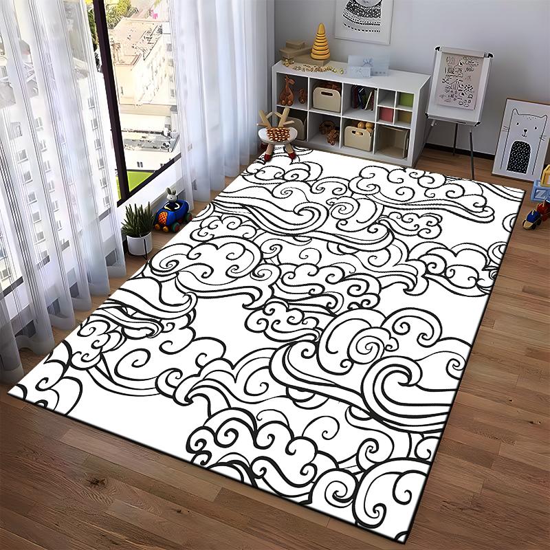 Black and White Swirling Clouds Design Rug Non-slip rug suitable for living room and bedroom sofas