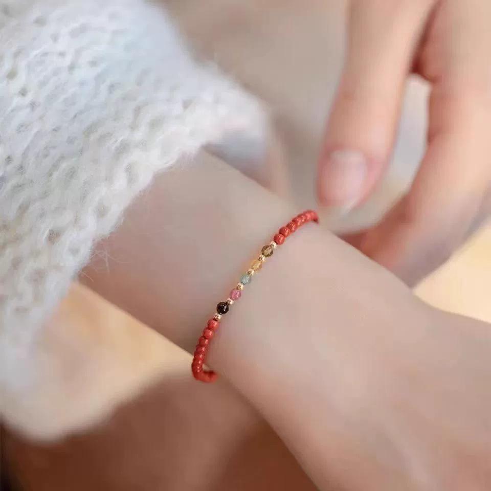 Southern Red Agate & Tourmaline Turquoise Lucky Bracelet - Fine Persimmon Red Hand String.