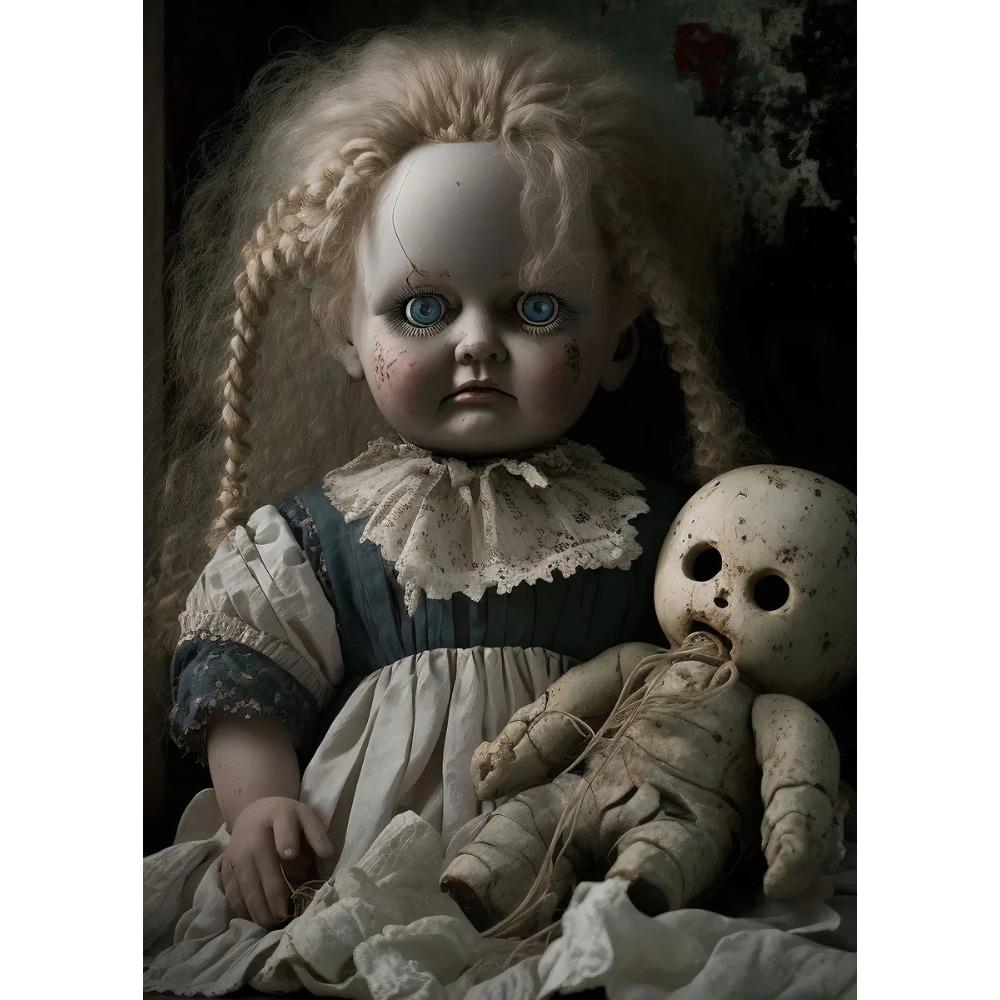 Vintage Gruselige Puppe Poster Blondes Haar Rissiges Gesicht Gotische Verfluchte Puppe Drucke Leinwandbild Wandbild Heim Wohnzimmer Dekor