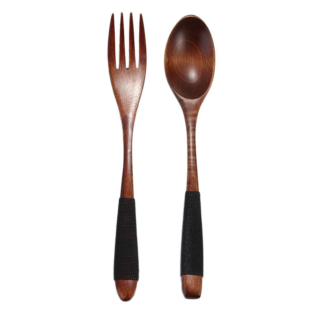 Wooden 2PCS Rice Kitchen Supplies Utensil Soups Fork Dinnerware Sets Spoon Tableware