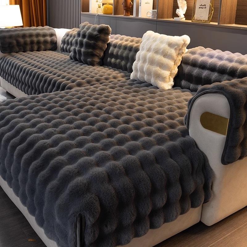 Rabbit Velvet Sofa Cover Three-Dimensional Thickened Warm Living Room Sofa Cushion Non-Slip Massage Plush Sofa Back Cushion