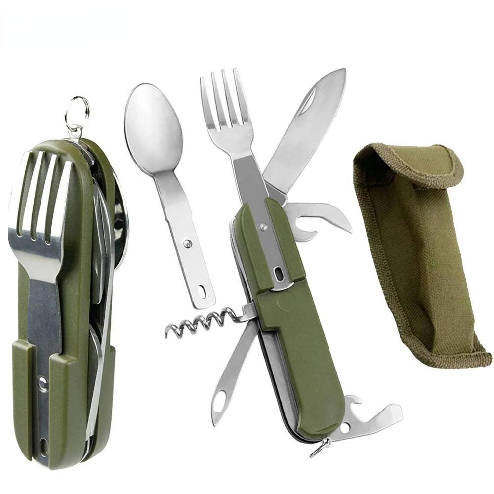 Multifunctional 7 In 1 Outdoor Tableware Stainless Steel Foldable Fork Spoon Knife Set for Camping Hiking Picnic Travel Durable