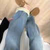 Women's High-Waisted Retro Blue Fleece-Lined Wide-Leg Jeans for Autumn and Winter