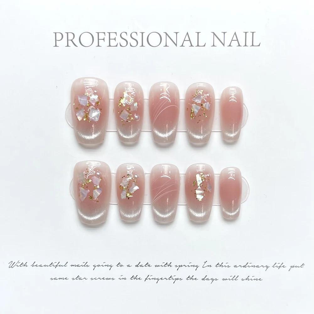 Handmade Pink Press On Nails Cute Korean Medium Length Full Cover Artificial Nail Tips With Adhesive Design