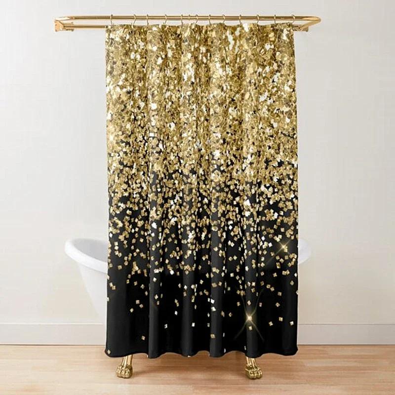 Gold Glitzer Glam Duschvorhang, goldfarbener Funkelnder Glänzender Kunst Badevorhang, Polyester Waschbares Badezimmer Vorhänge Set mit Haken