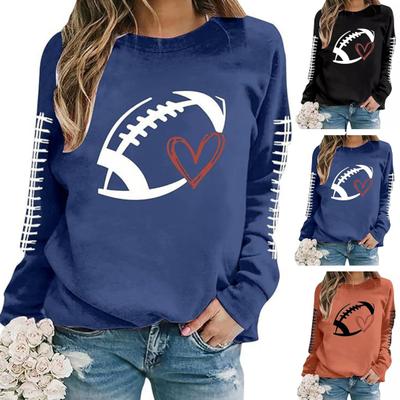 Spring Fall Women Sweatshirt Football Print Round Neck Elastic Cuffs Loose Pullover