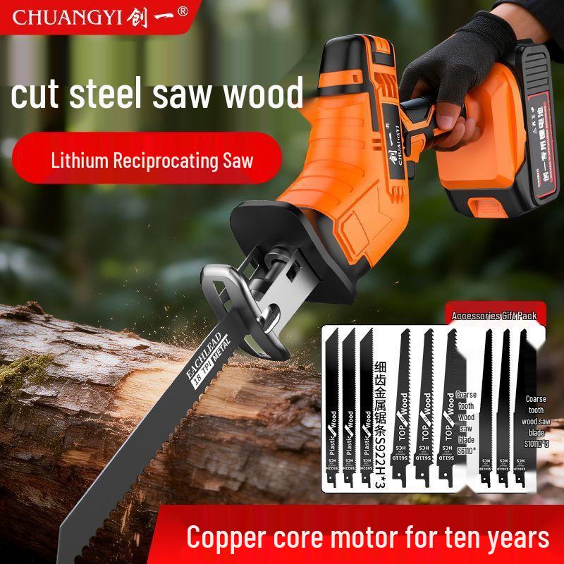 Rechargeable Handheld Electric Reciprocating Saw with Lithium Battery for Small Outdoor Cutting and Logging Tasks.