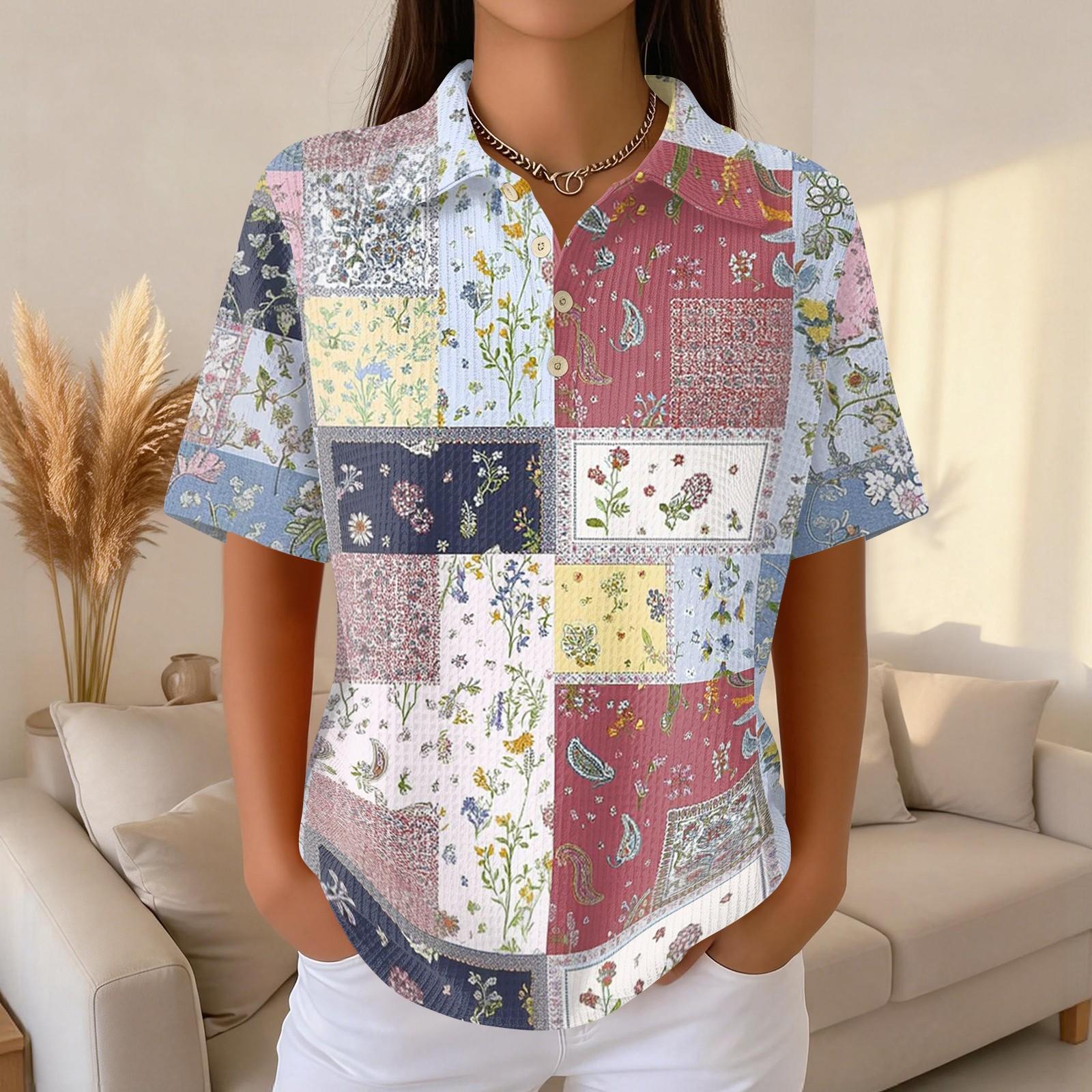 

Women Casual Short Sleeve Waffle Knit Polo Shirt Button Down Patchwork Floral Print Lightweight Top XXL
