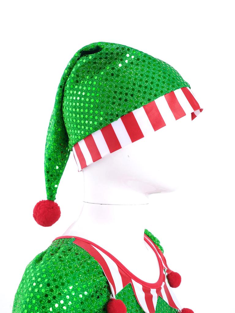 Mädchen Weihnachts-Elf Cosplay Kostüm Pailletten Pompons Verziertes Mesh Tutu Kleid Hut Inklusive Party Outfit