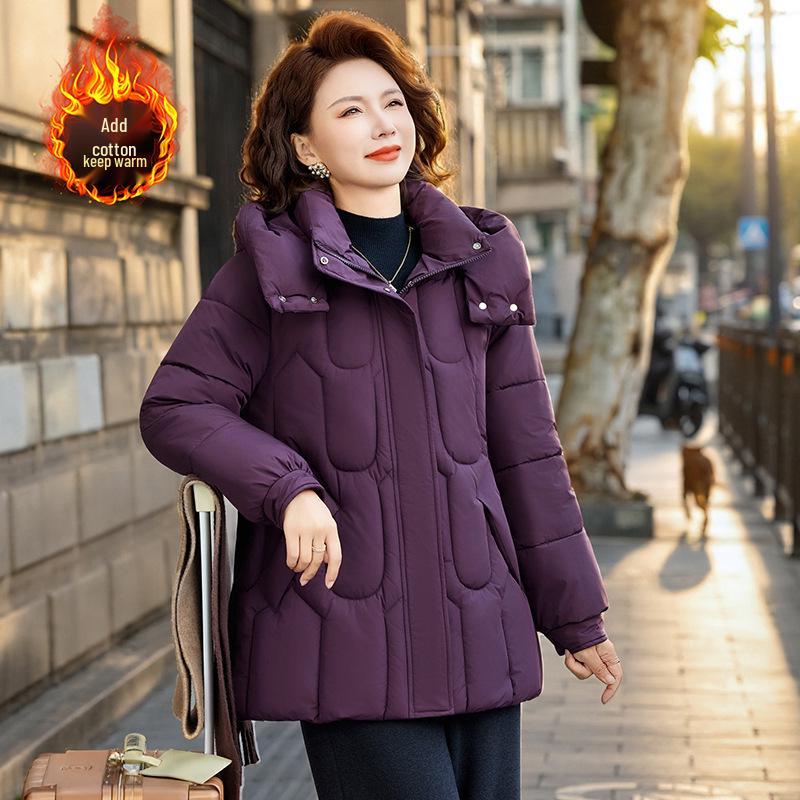2025 New Hooded Cotton Jacket for Middle-Aged Women: Autumn-Winter Mid-Length Down Coat
