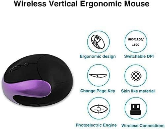 BeWishes Ergonomic Vertical Mouse, Wireless 2.4G High-Precision Rechargeable Ergonomic Optical Mouse with Adjustable DPI 80012001600, Reduces Wrist