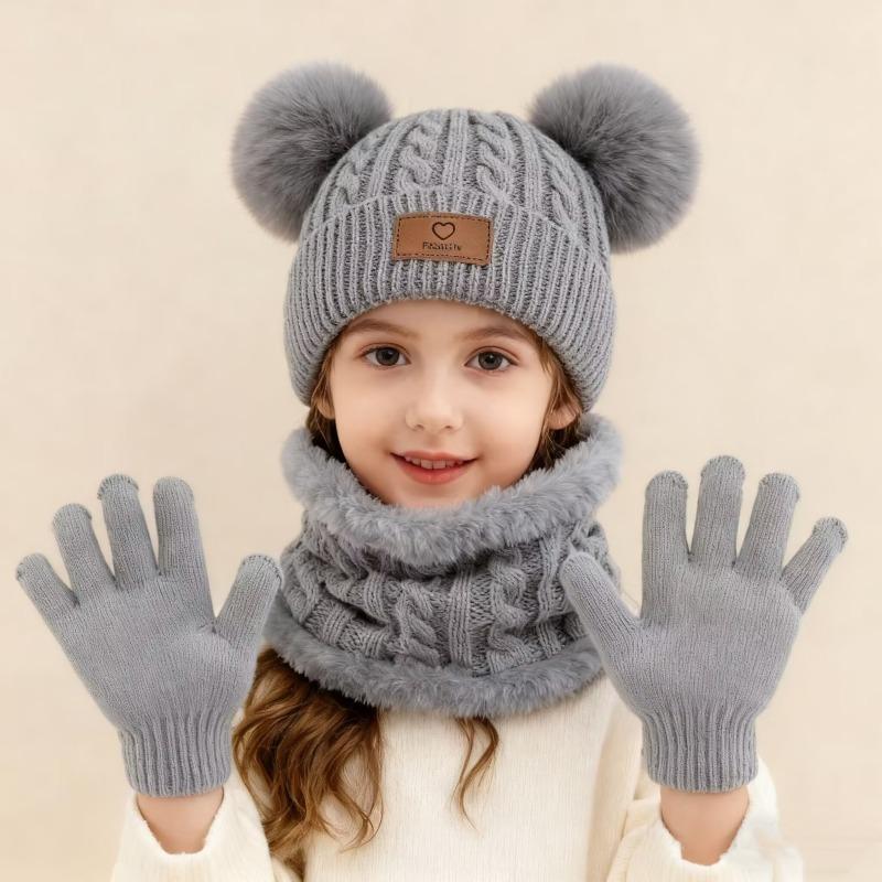 3pcs/set Children's Winter Warm Double Ball Knit Hat Scarf Gloves For Boys And Girls Warm And Cold-proof Suit