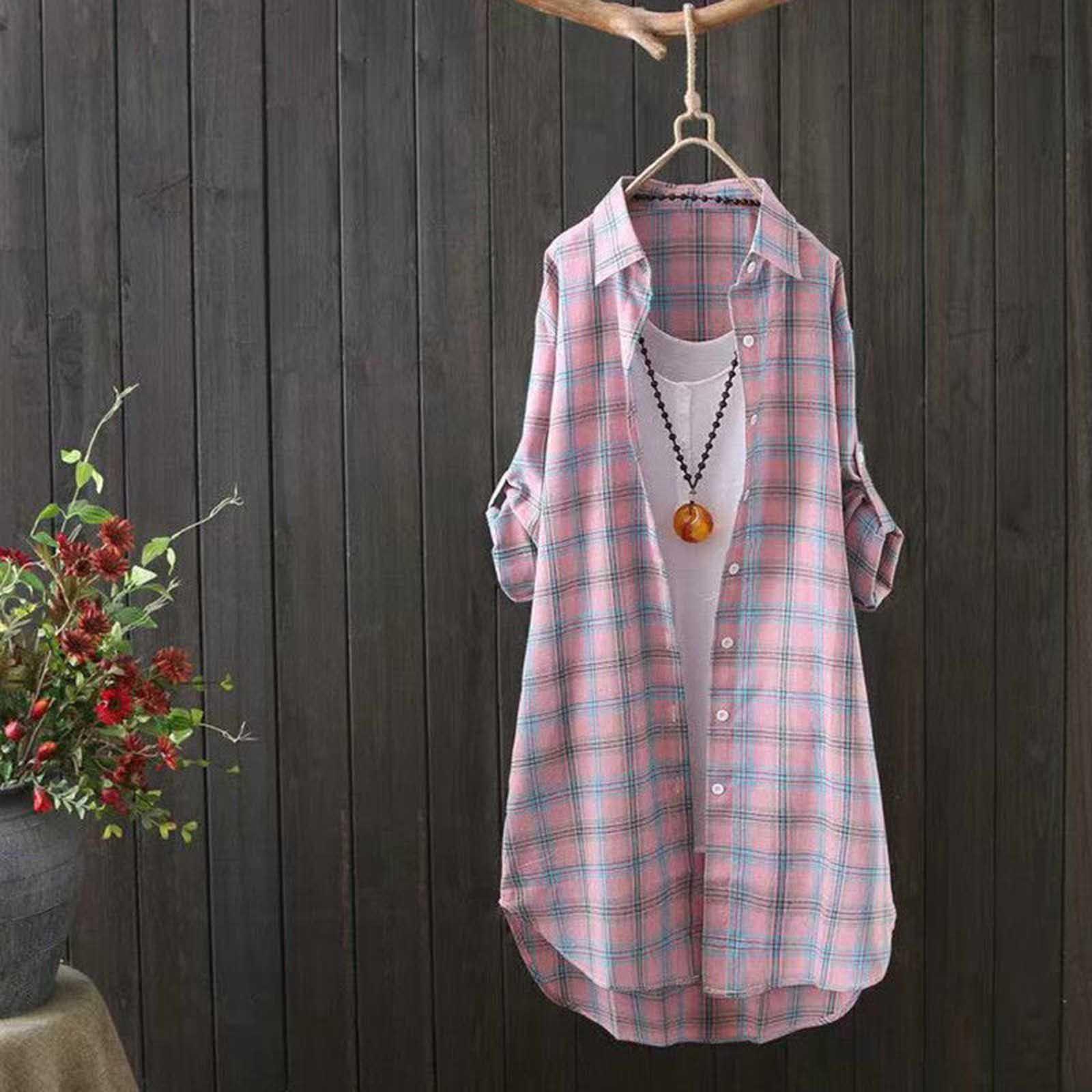 

Женская мода клетчатый свободный повседневный кардиган тонкая верхняя рубашка солнцезащитная куртка топ L розовый