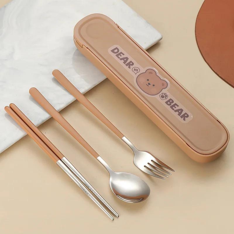 304 Stainless Steel Cartoon Cutlery Set with Case Kids Fork Spoon Portable Cutlery Travel Tableware Reusable Flatware