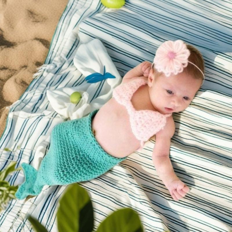 Soft Knitting Baby Sea-maiden Costume Chest Flower Headwear for Capturing Beautiful Moment In Newborns Photography