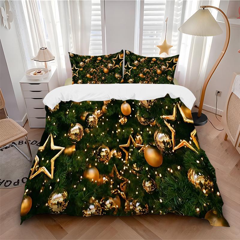 3pcs Christmas Tree Decorations with Gold Ornaments and Stars Bedding Set - Festive Holiday Gift for Home Decoration (Includes One Quilt Cover and Two