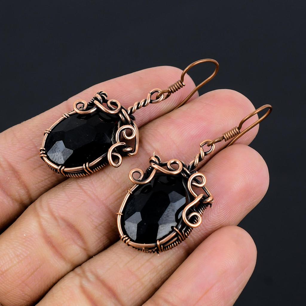 Black Onyx 999 Copper Wire Wrapped  Earrings, Handmade Gemstone Jewelry Earrings For Memorial Day