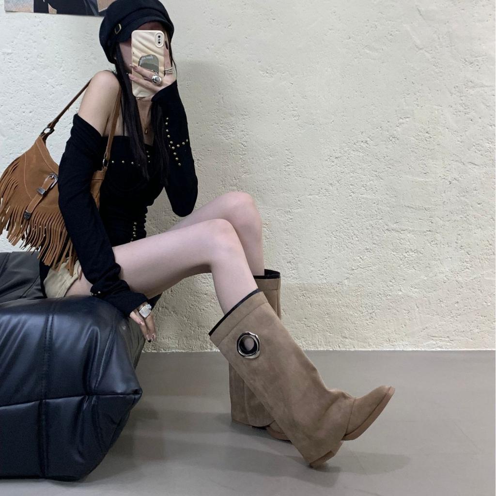 2025Q Autumn and Winter New Meng Ziyi Retro Square Head Western Cowboy Boots Thick Heel Trouser Tube Boots Niche Design Long Tube